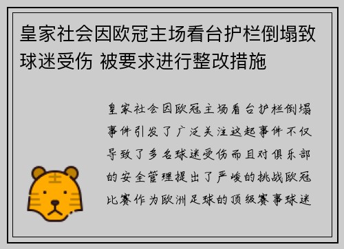 皇家社会因欧冠主场看台护栏倒塌致球迷受伤 被要求进行整改措施